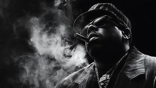 Monochrome hip-hop portrait with cigar smoke and hard lighting