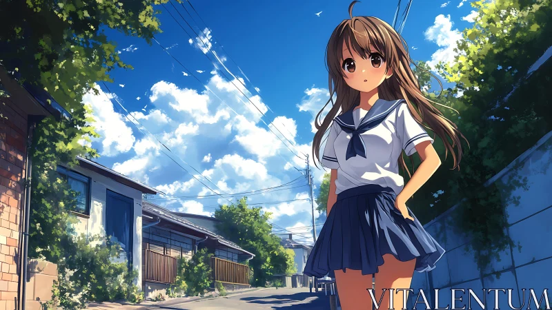 Sunlit summer lane and wistful schoolgirl in soft anime glow.