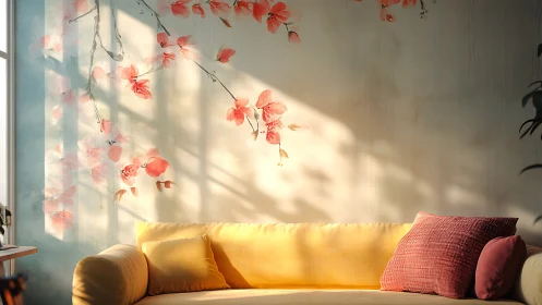Sunlit sofa corner with soft florals and gentle shadows.