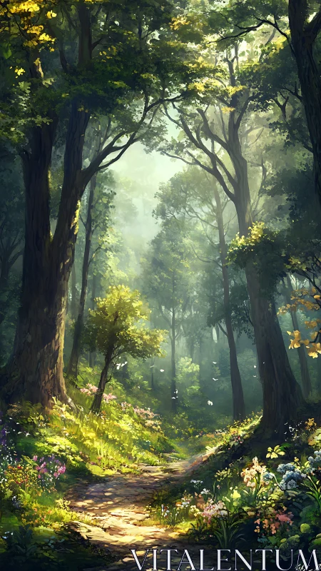 A Sunlit Forest Path Invites You Into Nature's Peaceful Embrace