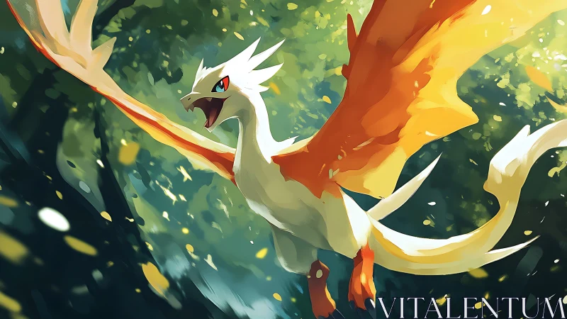 Radiant forest dragon erupts skyward in a storm of light.