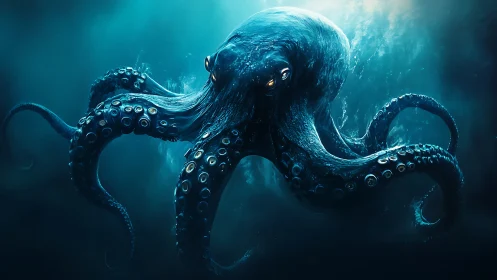 Massive blue octopus dominates dark underwater scene.