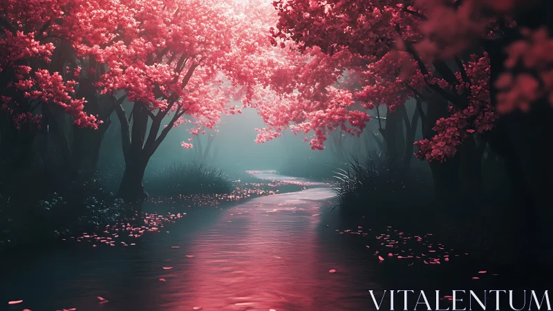 Enchanted river under luminous pink blossom canopy.