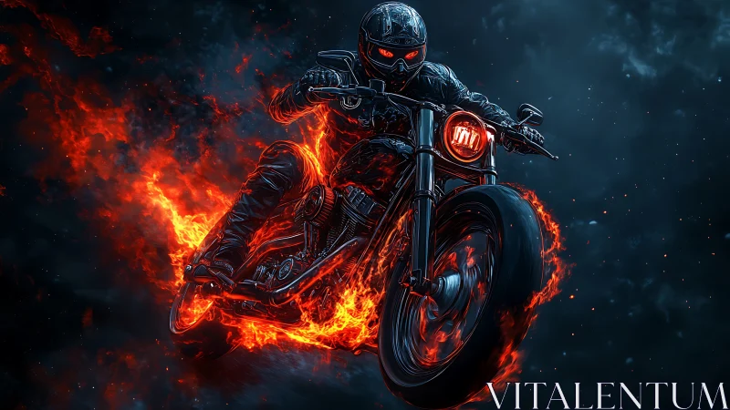 Inferno rider tears through midnight on a flaming street beast.