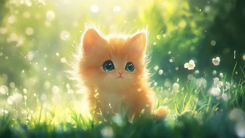 Golden kitten rests in dreamy sunlit meadow glow.