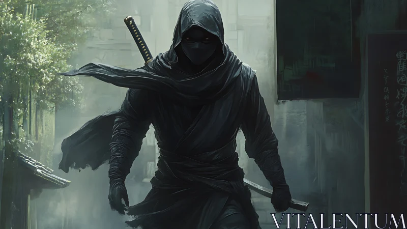 Stealth assassin advances through misted alleyway shadows.