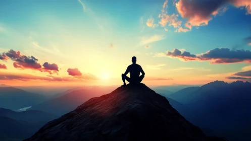 Silhouette meditates atop mountain under radiant sunrise.