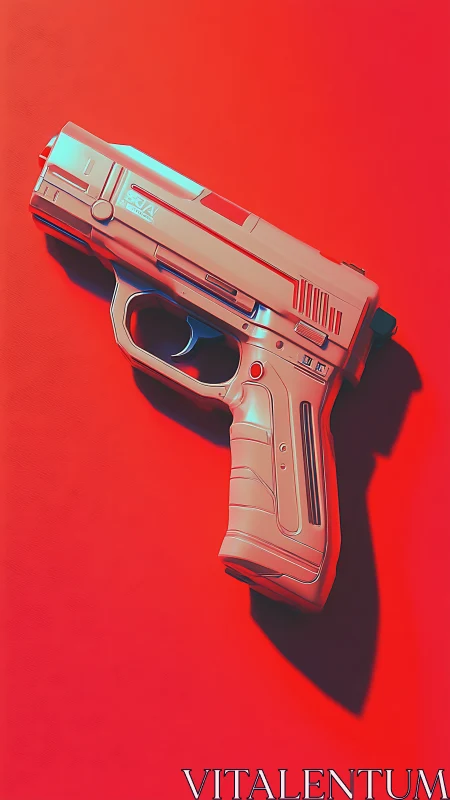 Futuristic handgun rendered on bold red background.