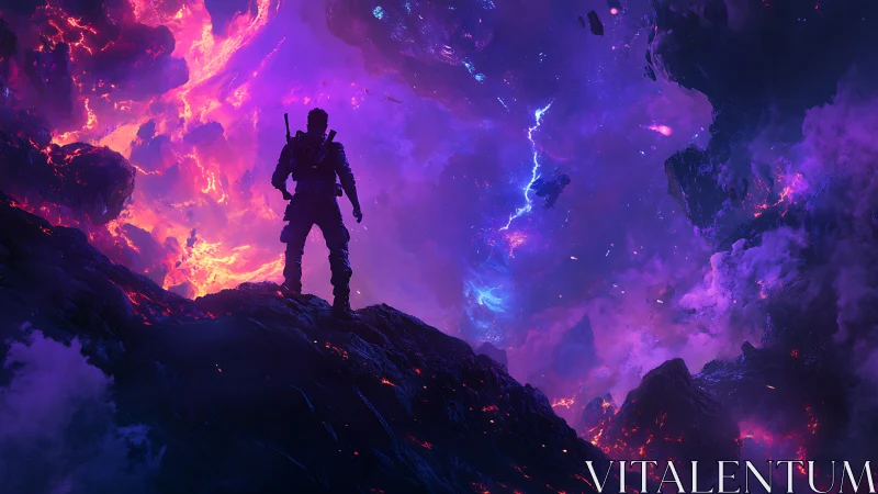 Armored explorer facing erupting cosmic nebula vortex