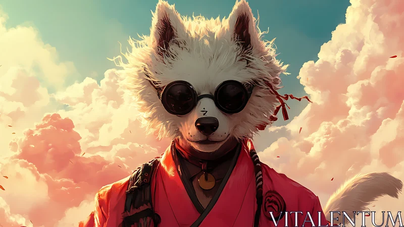 Samurai dog warrior in sunglasses under glowing sky.