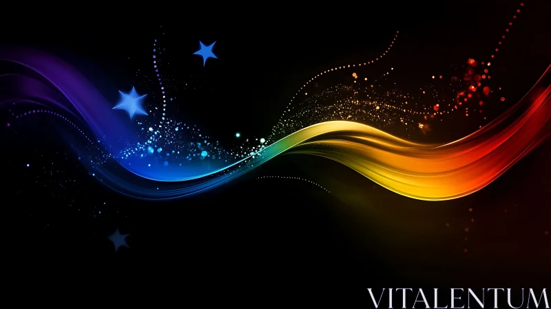 Curved multicolor light bands intersect over dark background