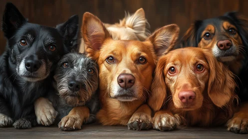 Five attentive dogs share warm light and close focus.