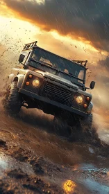 Off-road 4x4 powers through storm-lit mud trail.