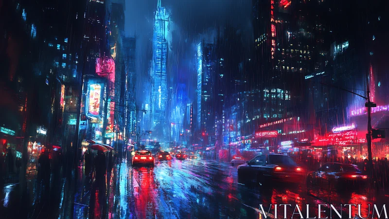 Neon city street glows warmly in the hush of midnight rain