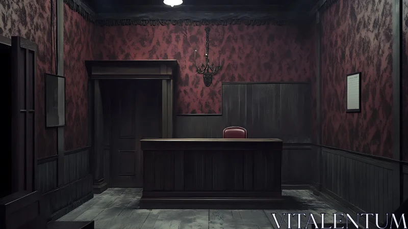 Dimly lit vintage reception desk in eerie red room.