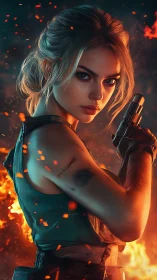 Ember-lit action heroine poised in the heart of chaos.