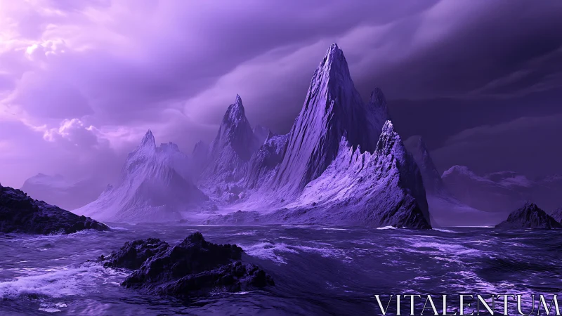 Digital painting of violet alien seascape with jagged peaks.