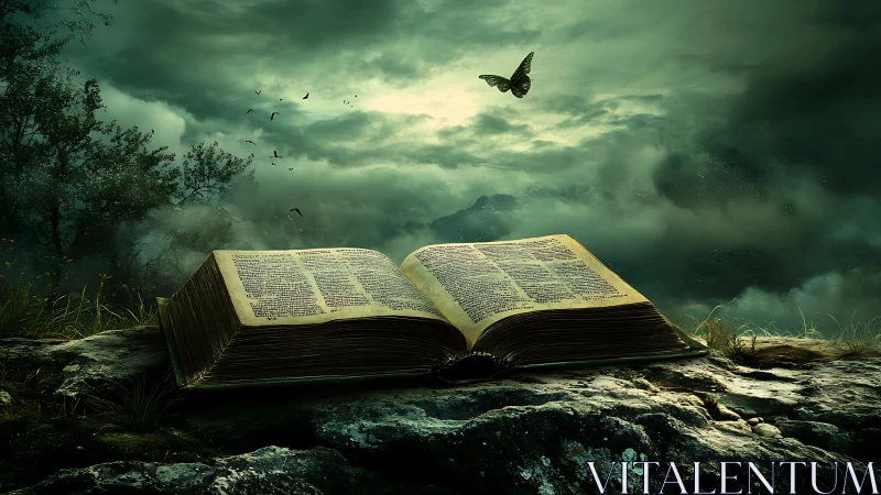 Open illuminated book on rocky ground under cloudy sky.