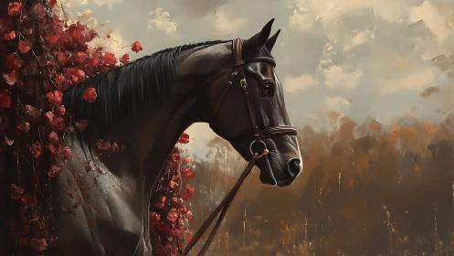 Graceful dark horse pauses quietly beside autumn leaves