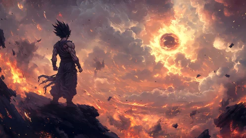Solitary warrior observing fiery apocalyptic celestial vortex