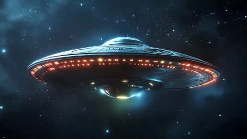 Disc-shaped spacecraft with illuminated hull in deep space.