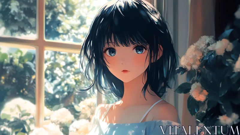 Girl with dark hair by window in soft garden light.