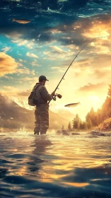 Fly fisherman stands in river beneath mirrored sky water