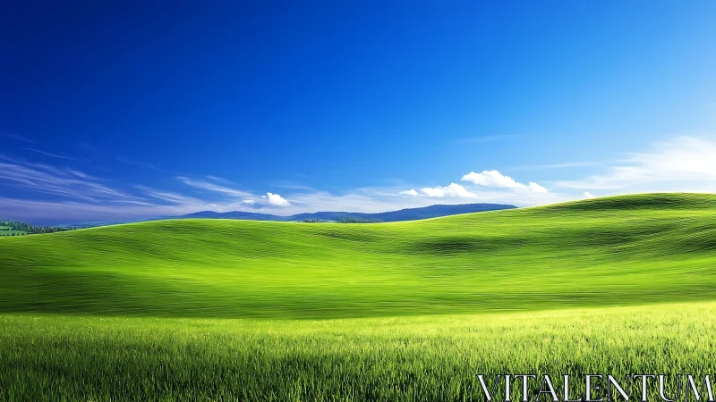 Digital pastoral landscape with rolling chromatic grasslands.