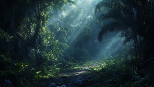 Verdant canopy bathed in ethereal forest light.