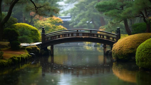 Curved wooden bridge spans reflective pond in misty Japanese garden
