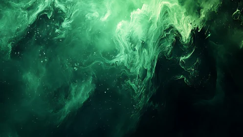 Green cosmic nebula swirl with deep space abstract forms.