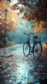 Bicycle resting beneath autumn foliage and streetlight.