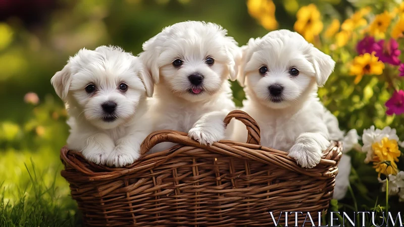 Three white puppies sitting in a wicker basket outdoors.