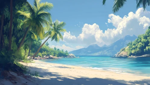 Tropical Coastline with Palm Trees and Mountain Range