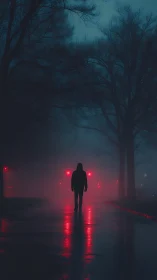 Hooded drifter crossing neon mist on a rain-slick street.