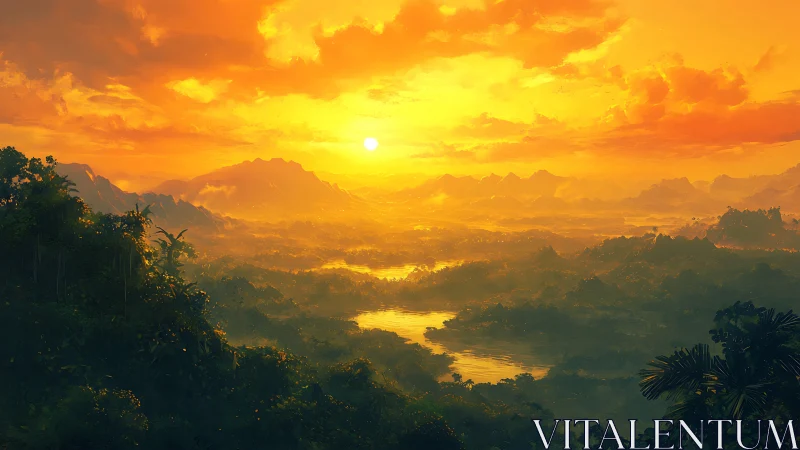 Sun-drenched jungle rivers under molten gold horizons.