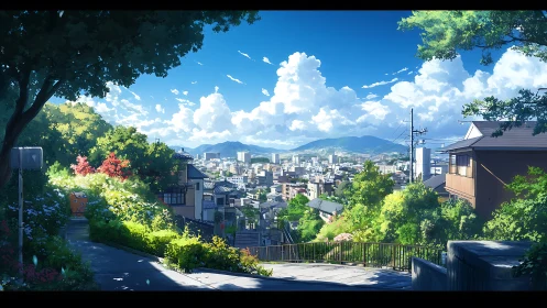 Sunlit hillside lane overlooking a dreamy summer cityscape.
