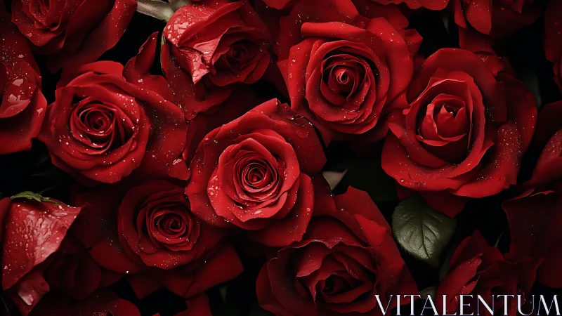 Deep Crimson Roses With Dewdrops Against Dark Background.