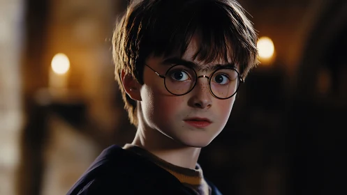 Photorealistic portrait of a startled boy in warm low light.