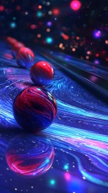 Luminous marbles drift through a neon cosmic river of light