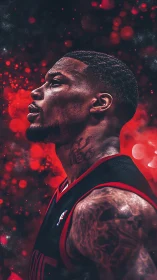 Basketball player profile with red abstract bokeh background.