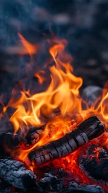 Active wood combustion exhibiting luminous orange flames and incandescent charred structural element