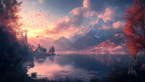 Lakeside cabin faces misty autumn mountains at sunrise light