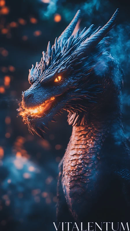 Bioluminescent ember dragon portrait in cinematic bokeh haze