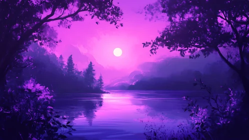 Moonrise over amethyst lake in dream-soaked twilight hush.