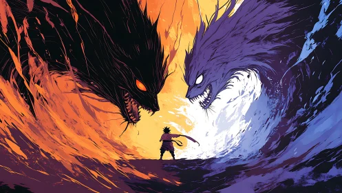 Bilateral elemental beasts converge on lone warrior in high-energy clash