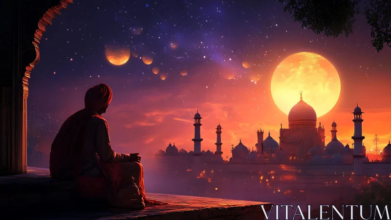 Moon crowns a dreamlit palace as a silent watcher waits