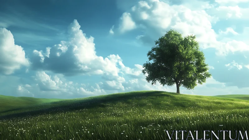 Single tree on windswept hill under volumetric cloud-lit sky