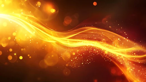 Vibrant golden light waves with glowing sparkles in abstract style.
