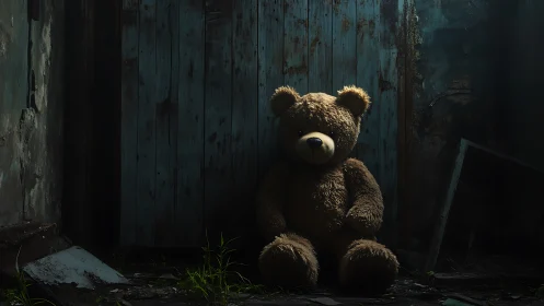 Lonely teddy bear rests in a decaying, shadowed room.